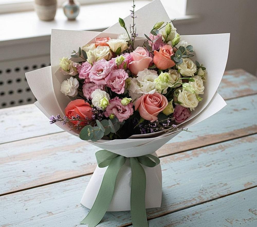 Букет цветов из: Розы, Лизиантусы и Гвоздики в Чусовом