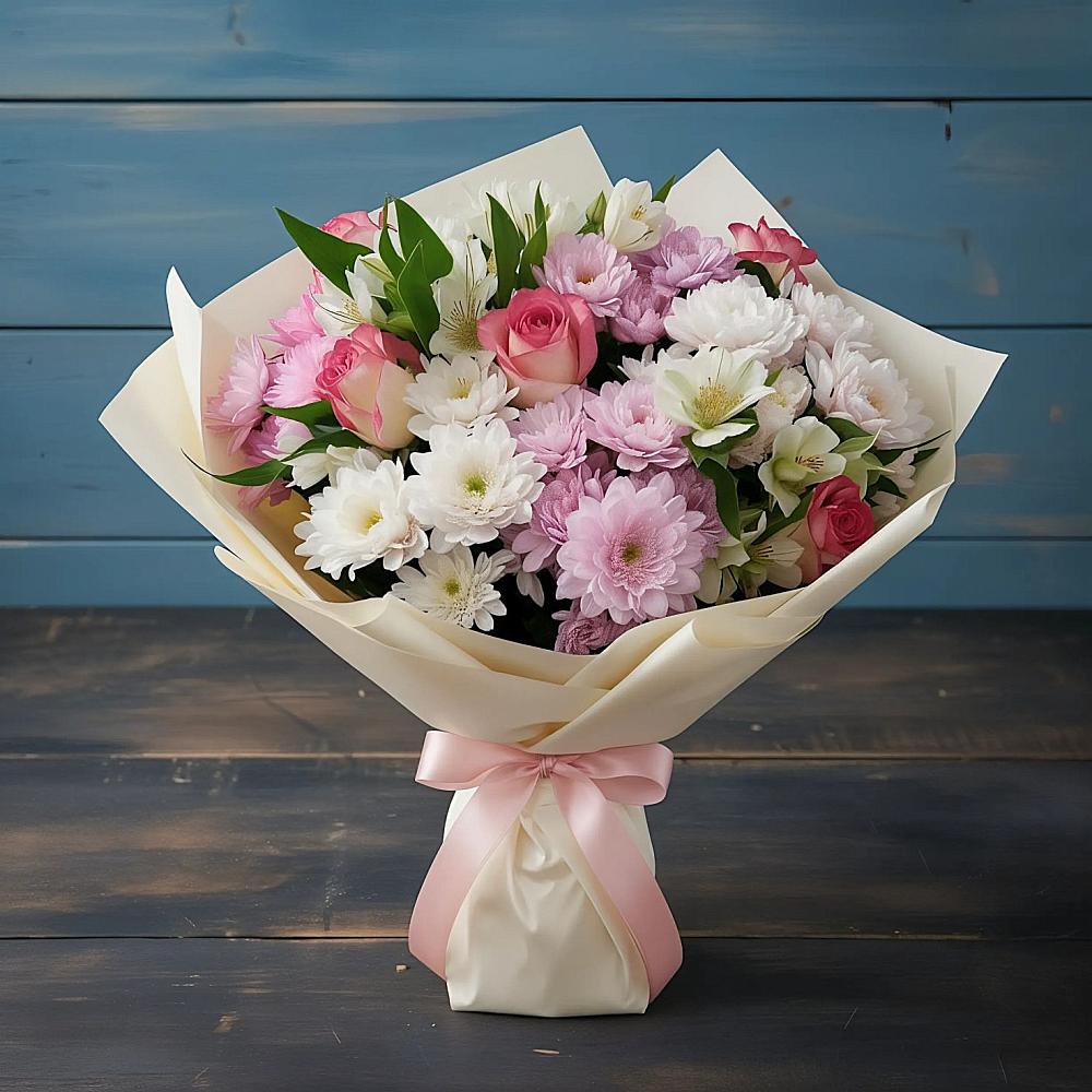 Букет цветов из: Хризантемы, Альстромерии и Розы в Чусовом